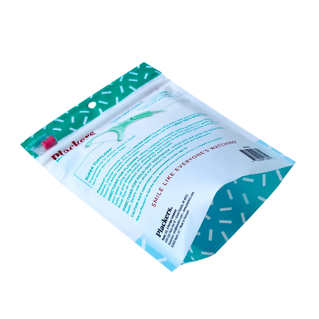 Custom Printed Heat Seal Plastic Packaging Pouch for Dental Floss Pick Packing Bag 3 Sides Sealed Sachet with Hang Hole